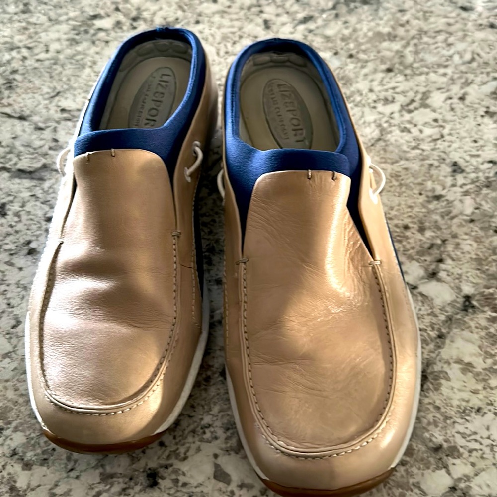 Tan and blue Lizsport slides
